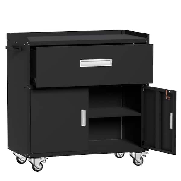 35.43 in.W x 30.31 in.D x 18.11 in.H Black Steel Outdoor Storage Cabinet, Storage Space with Wheels, Lockable Tool Boxes