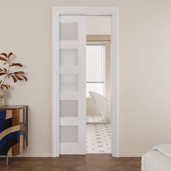 28 in. x 80 in. 5-Lite Glass White Primed MDF Pocket Sliding Door with Pocket Door Hardware Kit (Soft Close Included)