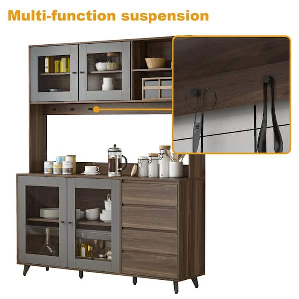 FUFU&GAGA Large Kitchen Pantry Cabinet Buffet with 4-Drawers Hooks Open Shelves and Glass Doors 63 in. W x 15.7 in. D x 76.8 in. H