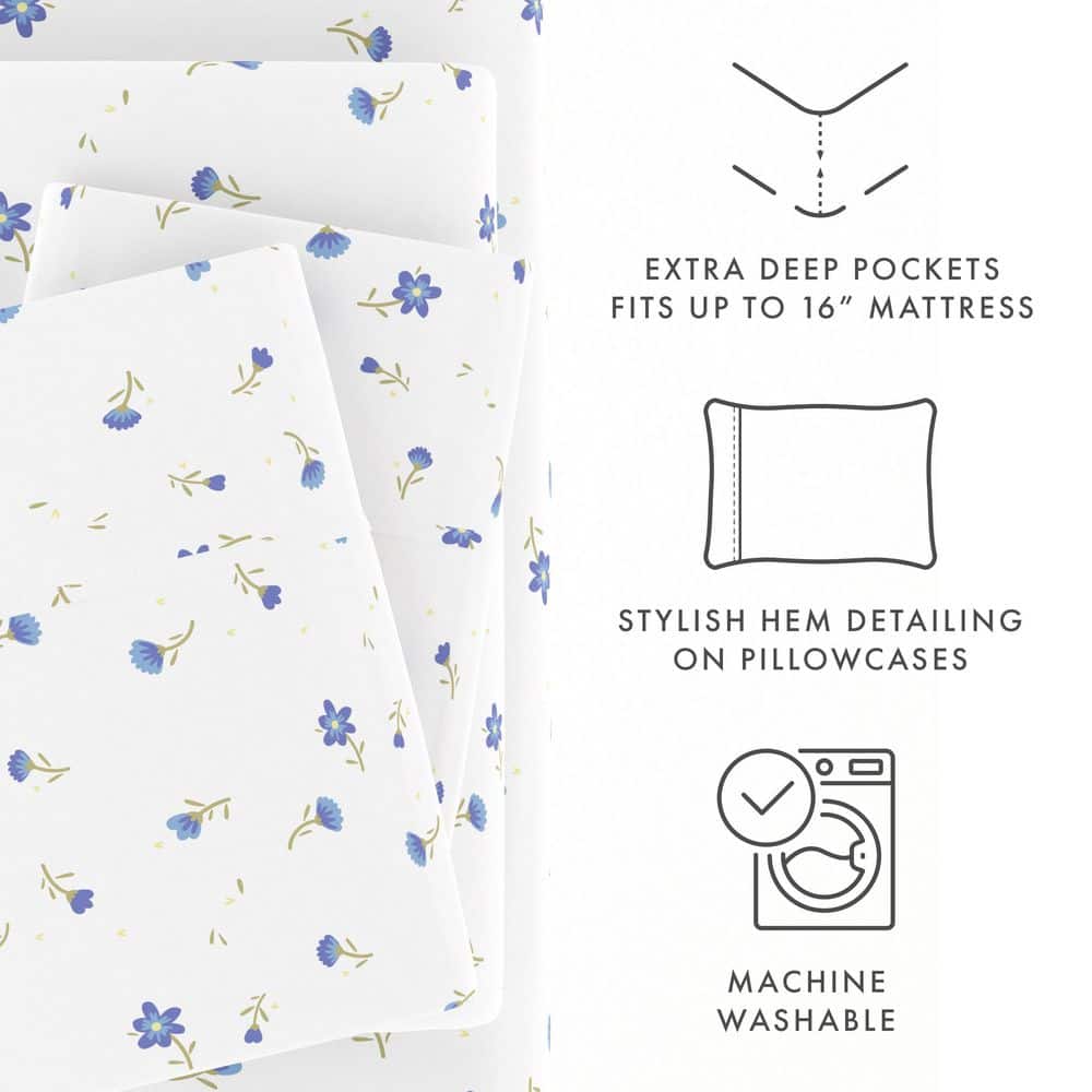 Light Blue Floral Microfiber California King Sheet Set