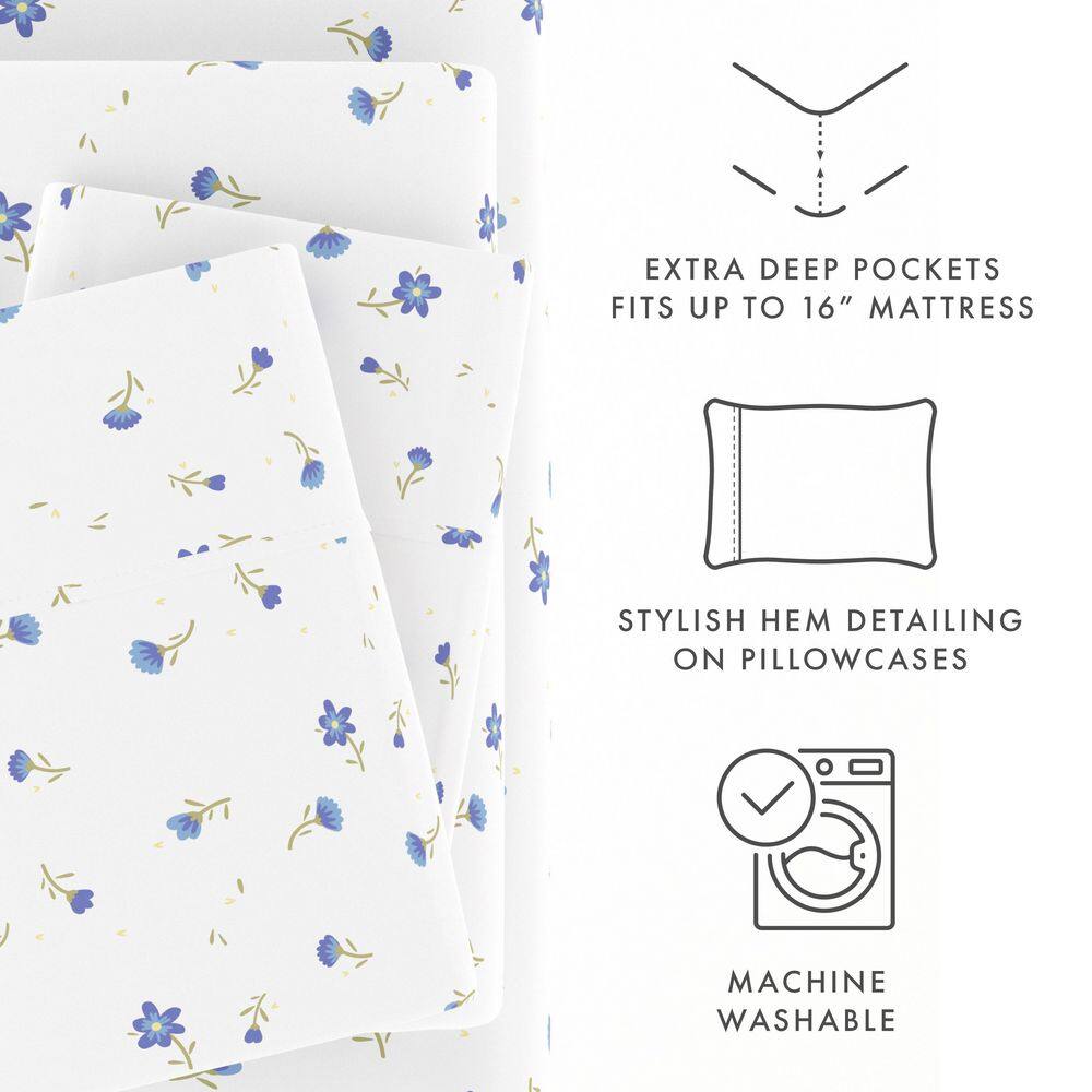 Light Blue Floral Microfiber Full Sheet Set with Deep Pockets