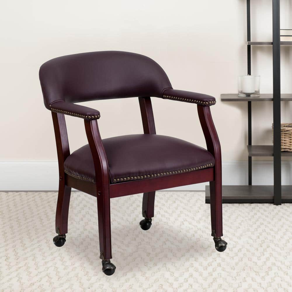 Elegant Burgundy LeatherSoft Traditional Office Armchair with Brass Accents