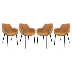 Markley Light Brown Modern Leather Dining Arm Chair with Black Metal Legs (Set of 4)