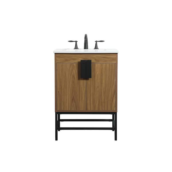 Unbranded Simply Living 24 in. W x 19 in. D x 33.5 in. H Bath Vanity in Walnut Brown with Ivory White Engineered Marble Top