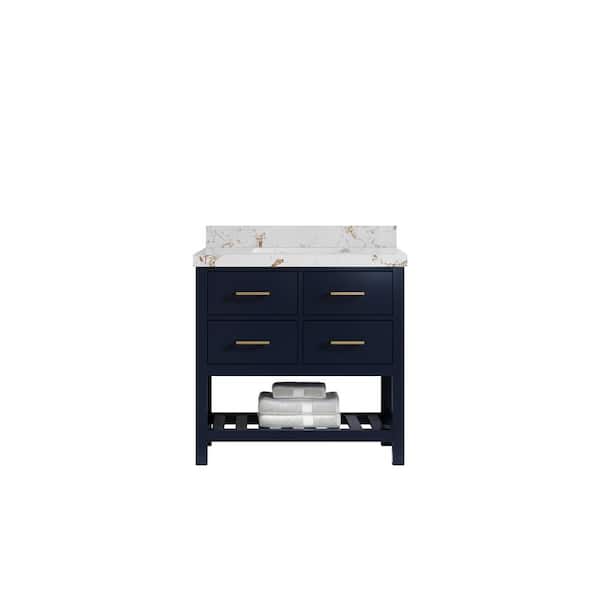 Willow Collections Parker 36 in. Single Sink Freestanding Navy Blue Bath Vanity with Viola Gold Qt. Top Unassembled