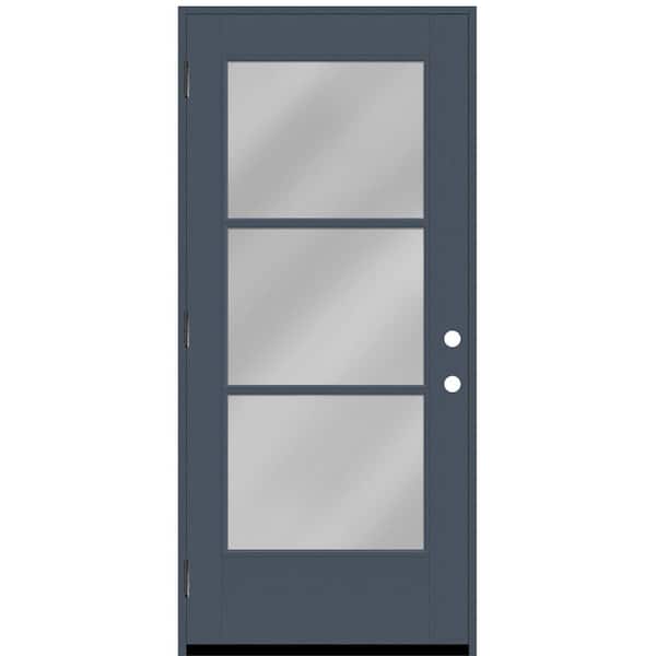 Steves & Sons Legacy 32 in. x 80 in. Icon-3 Lite Modern Clear Glass RHOS Dark Denim Fiberglass Prehung Front Door