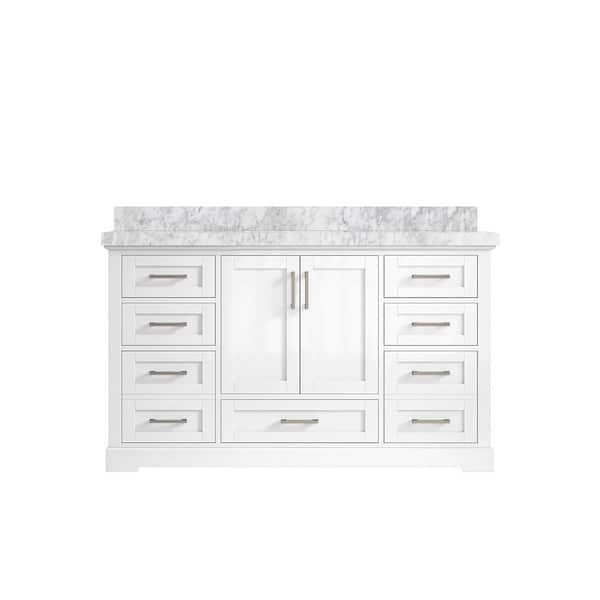Willow Collections Boston 60 in. W x 22 in. D x 36 in. H Single Sink Bath Vanity in White with 2" Carrara Marble Top