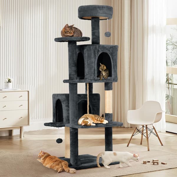 JEAREY Gray Modern Cat Tree Pet Tower with Scraching Ramp, Hanging Ball