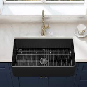 Black 33 in Farmhouse/Apron-Front Single Bowl Fireclay Kitchen Sink with Bottom Grids and Drain