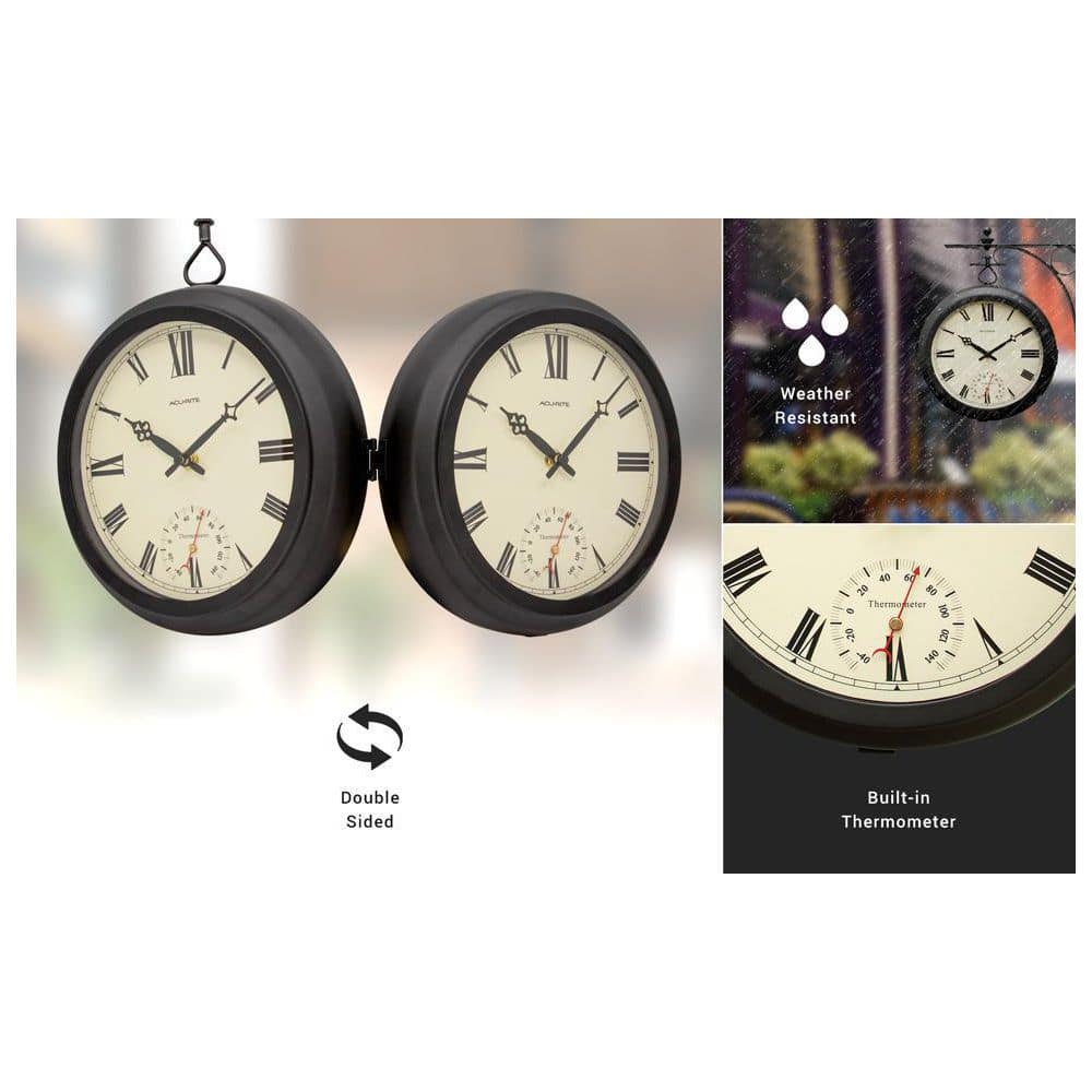 AcuRite 9-Inch Black Iron Double-Sided Hanging Clock with Thermometer