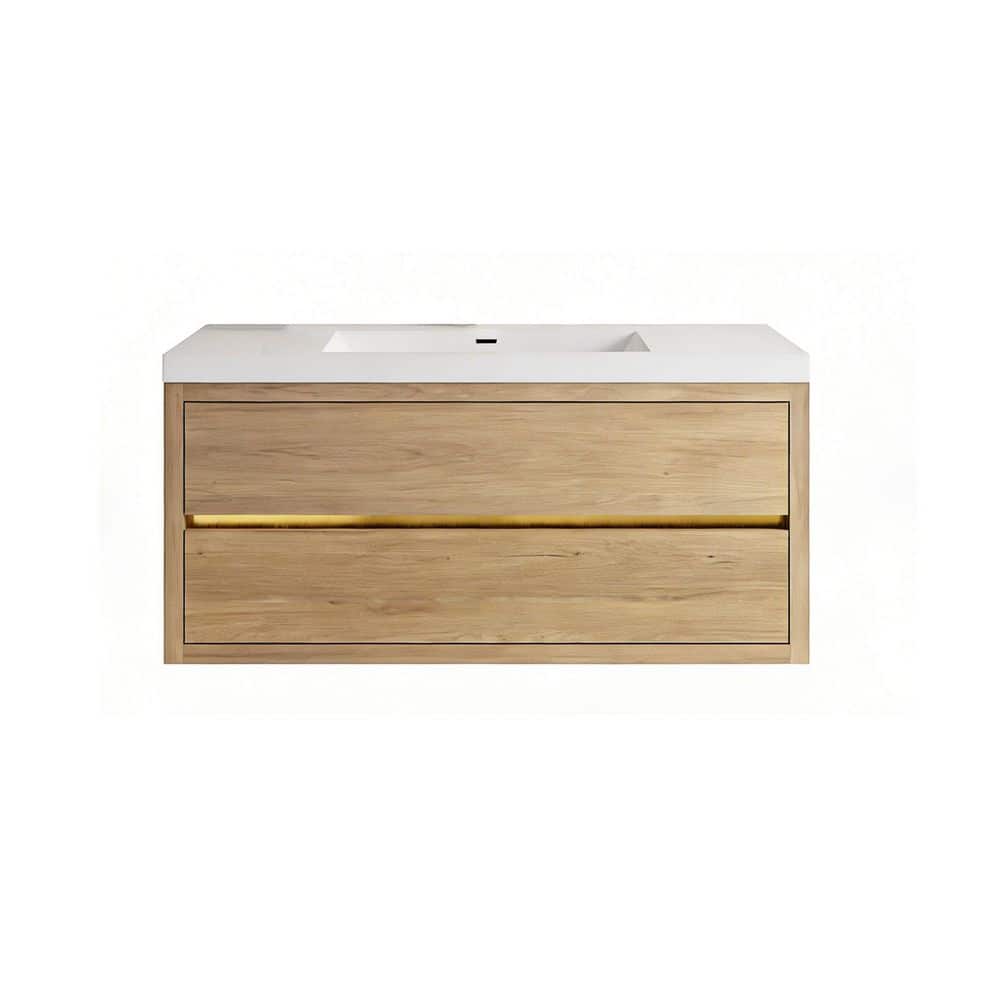 48 in. Single Sink Floating Wall-Mounted Natural Oak Bath Vanity with Glossy White Stone Top Pre-Assembled price history on PriceWatchPro