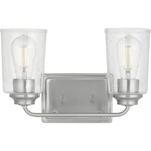 Evangeline 13-5/8 in. 2-Light Brushed Nickel Farmhouse Bathroom Vanity Light with Clear Seeded Glass Shades