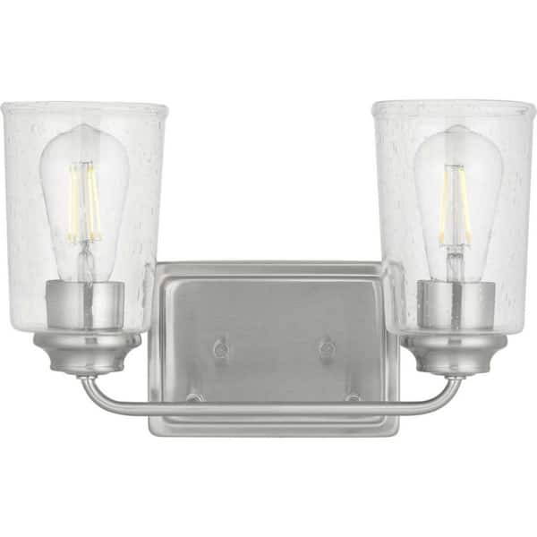 Hampton Bay Evangeline 13-5/8 in. 2-Light Brushed Nickel Farmhouse Bathroom Vanity Light with Clear Seeded Glass Shades