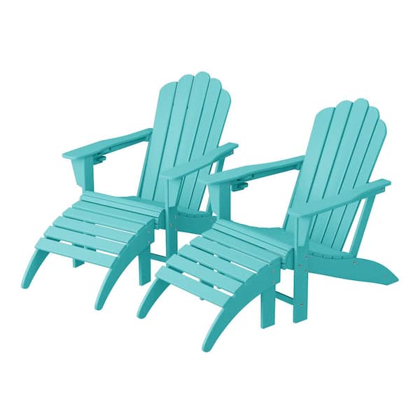 WESTIN OUTDOOR Aderson 4-Piece All Weather Outdoor Turquoise Plastic Adirondack Cup Holder Chair with Ottoman Patio Conversation Set