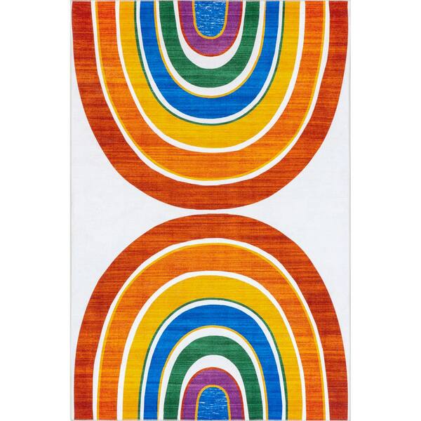 nuLOOM Classic Double Rainbow Machine Washable Kids White Multi 7 ft. x 9 ft. Area Rug
