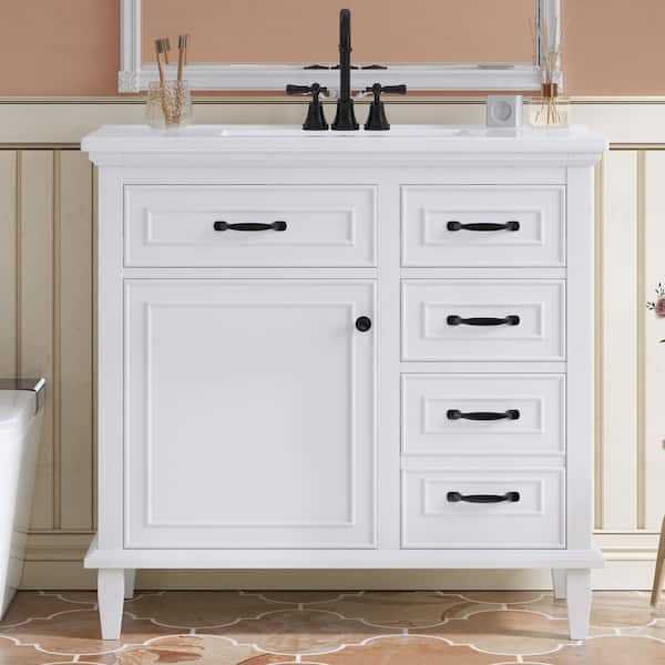 36 in. Single Sink Freestanding White Bath Vanity with White Ceramic Sink Top, Solid Wood Frame Storage Cabinet