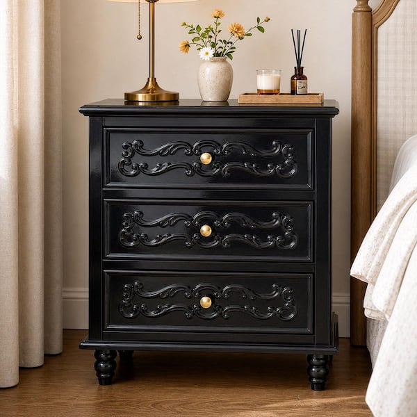Black 3 Drawer 23.6 in. W Nightstand with Carved Accent Drawer Fronts, Solid Wood Legs, Round Knobs For Bedroom Storage