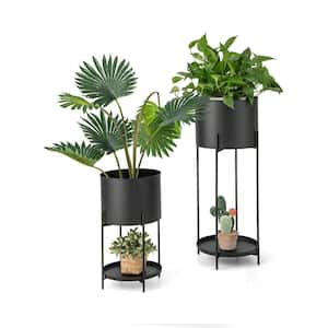 2-Piece Black Metal Small Planter Pot Stands with Drainage Holes