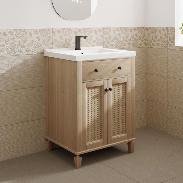 VLeaf 24 in. W x 19 in. D x 34.5 in. H Single Sink Bath Vanity Cabinet in Weather Fir with White Ceramic Top