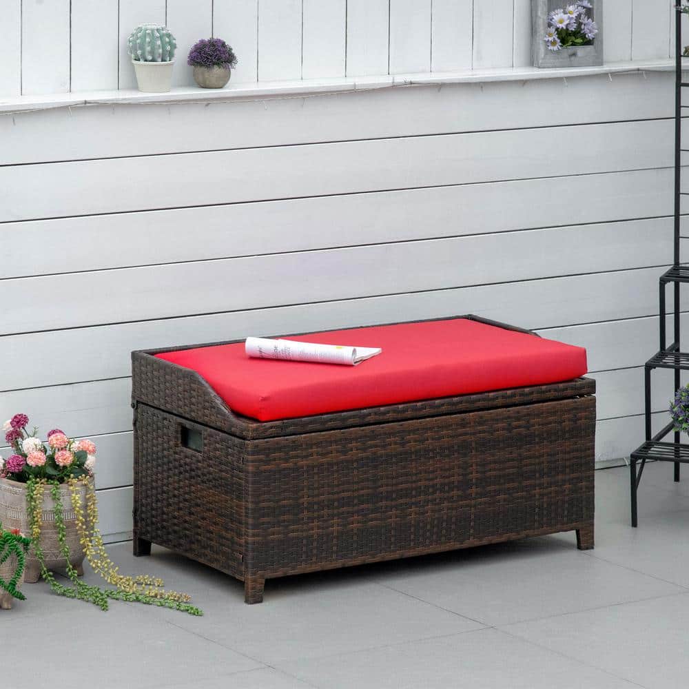 Outdoor Brown Wicker Storage Bench with Red Cushion