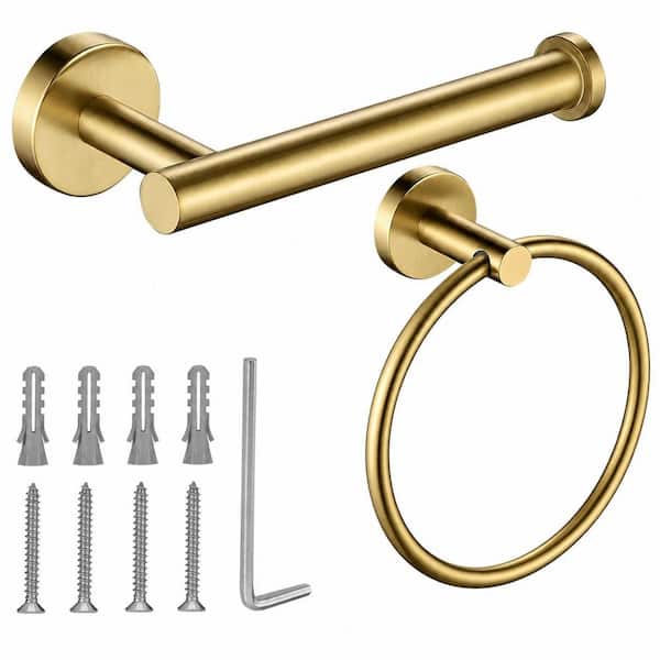 2-Piece Bathroom Hardware Set with Hand Towel Holder and Toilet Paper Holder in Gold Hand Brushed Stainless Steel