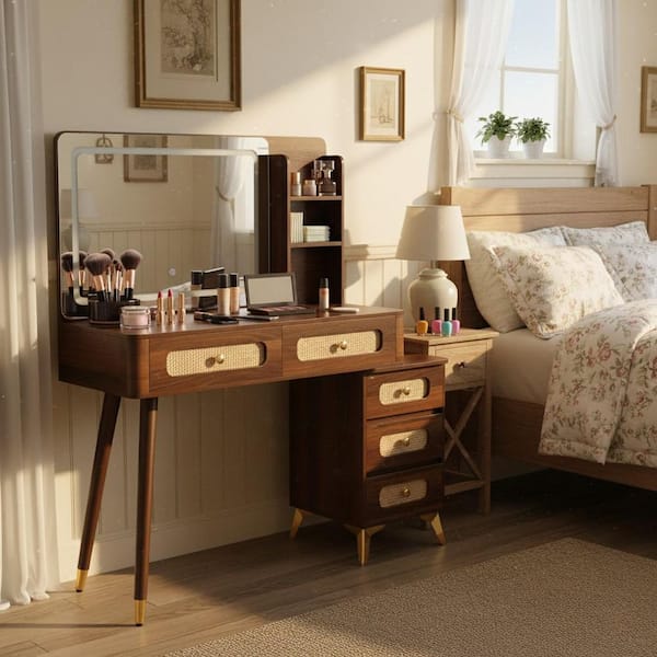 PERRY 47 in. Makeup Vanity with Lighted Mirror 3 Color Modes and 5 Storage Drawers for Bedroom Dressing in Mocha Walnut