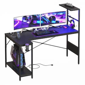 57.4 in. Reversible L-Shaped Black Carbon Fiber Gaming Desk with Built-In Power Strip and LED Lighting
