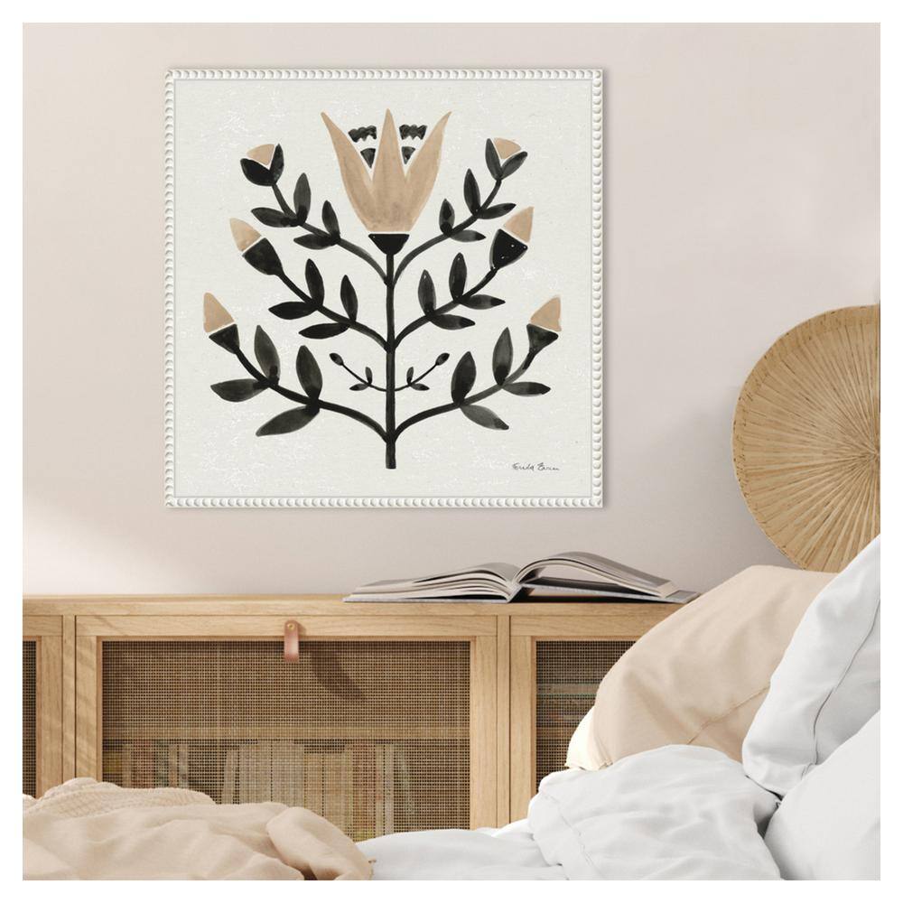 Beige and Black Beaded Perimeter Botanic Canvas Tapestry