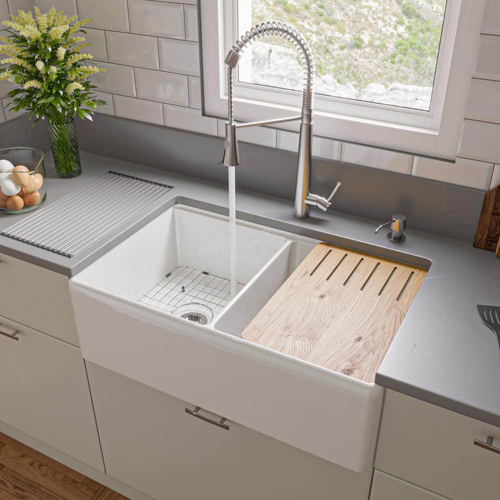 White 33" Double Bowl Fireclay Farmhouse Workstation Sink