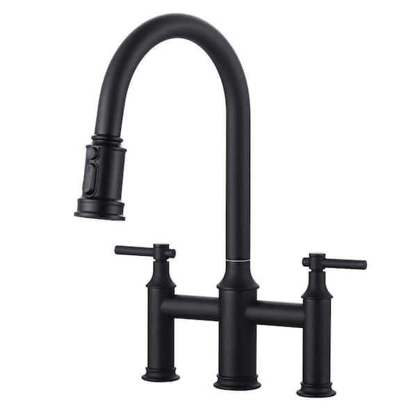 1 or 3 Holes Brass Double Handle Bridge Kitchen Faucet with 3-Mode Pull Down Sprayer and Supply Lines in Matte Black