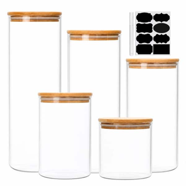 5-Piece Airtight High-Borosilicate Glass Canister Set with Natural Bamboo Lids and Silicone Sealing Rings