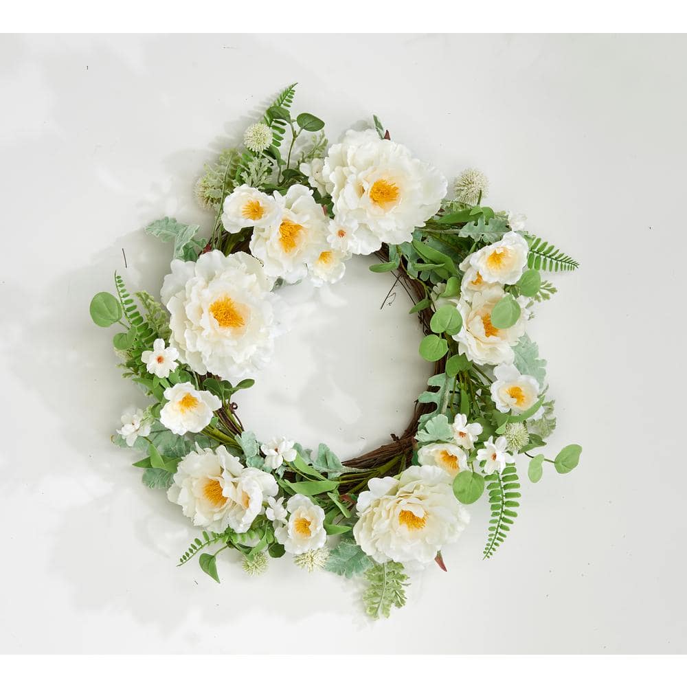 22 in. Artificial Cream Poppy Wreath on Twig Base
