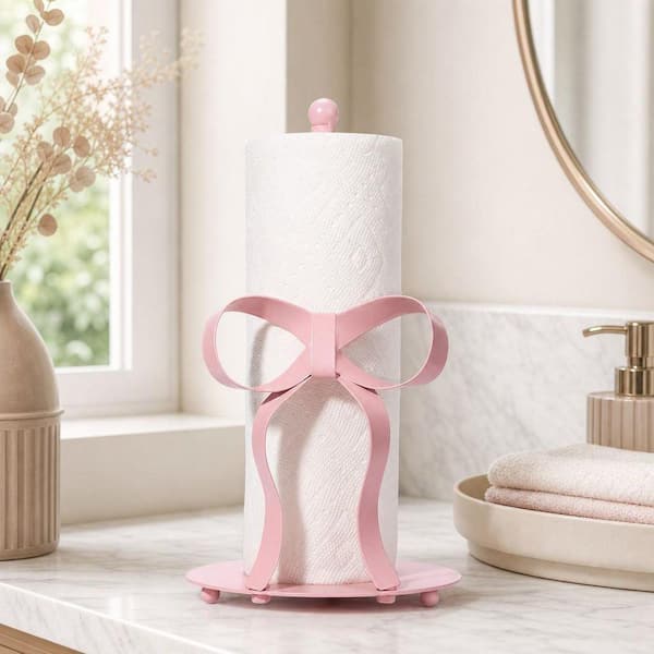 Wudkey Kitchen Pink Bow Paper Towel Holder Coutertop, Bow Accent Paper Towel Holder, 3D Handmade Pattern, Weighted Base
