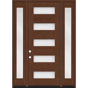 Regency 64 in. x 96 in. 5L Modern Frosted Glass RH Chestnut Stain Mahogany Fiberglass Prehung Front Door w/Dbl 12in.SL