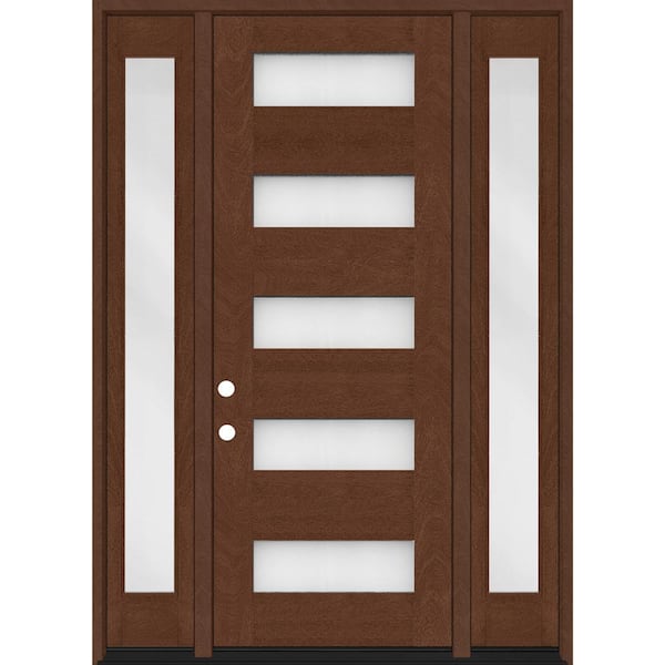 Steves & Sons Regency 68 in. x 96 in. 5L Modern Frosted Glass RH Chestnut Stain Mahogany Fiberglass Prehung Front Door w/Dbl 14in.SL