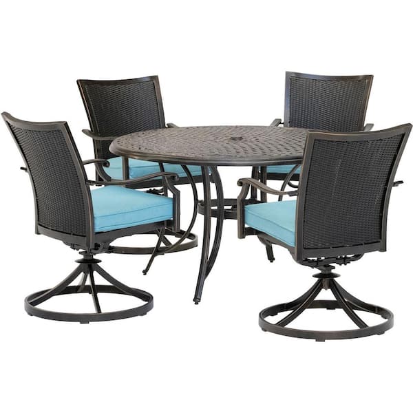 Hanover Traditions 5-Piece Wicker Outdoor Dining Set with Blue Cushions