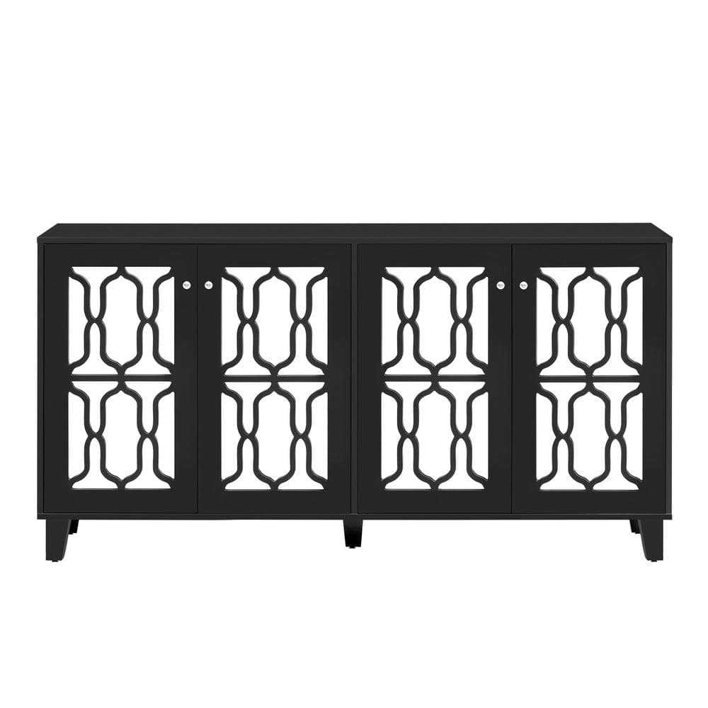 63 in. W x 15.7 in. D x 33.5 in. H Black 4-Door Mirror Hollow-Carved Linen 