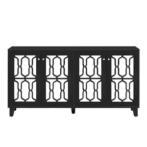63 in. W x 15.7 in. D x 33.5 in. H Black 4-Door Mirror Hollow-Carved Linen Cabinet Console Table with Adjustable Shelves