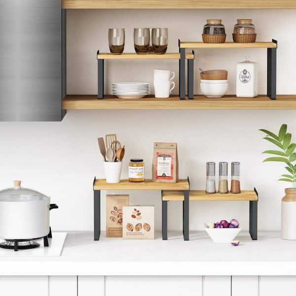 Kitchen Cabinet Organizer Shelf Set, Pantry Organizers and Storage Shelves, Bamboo Wood and Black Metal