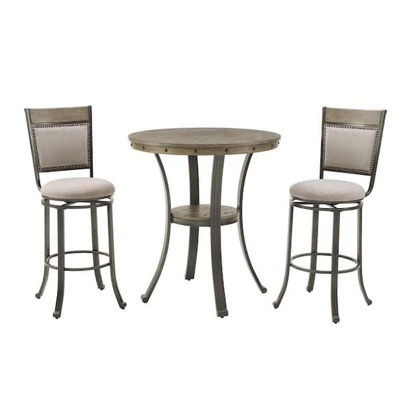 Terran 3-Piece Round Pewter Wood Top Pub Height Dining Room Set Seats-2
