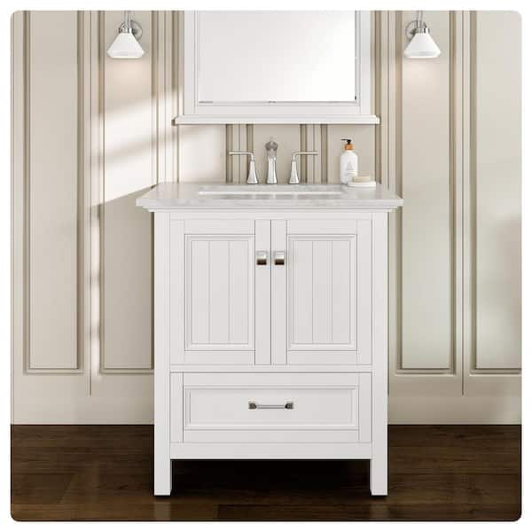 Eviva Britney 30 in. W x 22 in. D x 34 in. H Single Freestanding Bathroom Vanity in White with White Carrara Marble Top