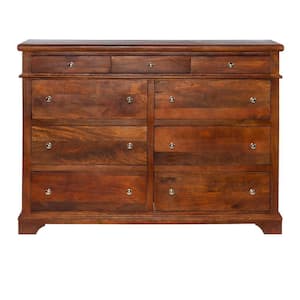 Cherry Brown Sideboard with 9-Drawers and Wooden Frame