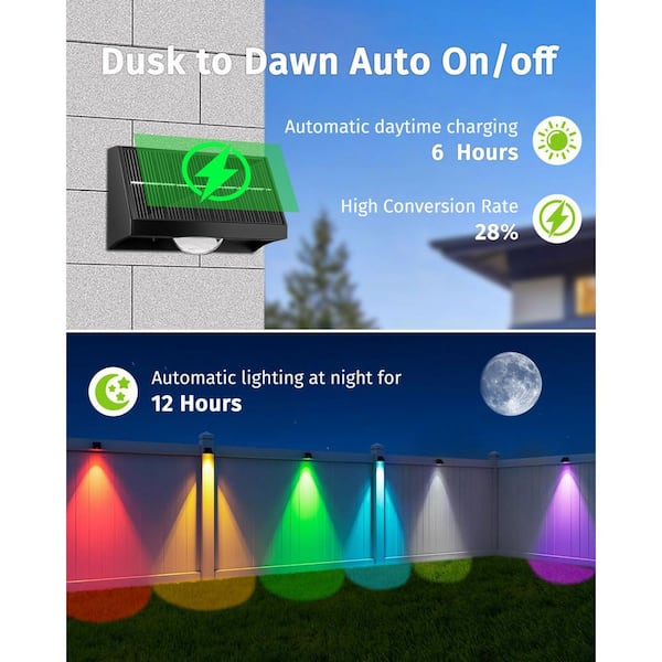 Solar Fence Lights – 9 Colors & 11 Modes, IP65 Waterproof, 3-Side Lighting, 4-Pack, For Garden/Patio/Step/Deck (Warm White + RGB)