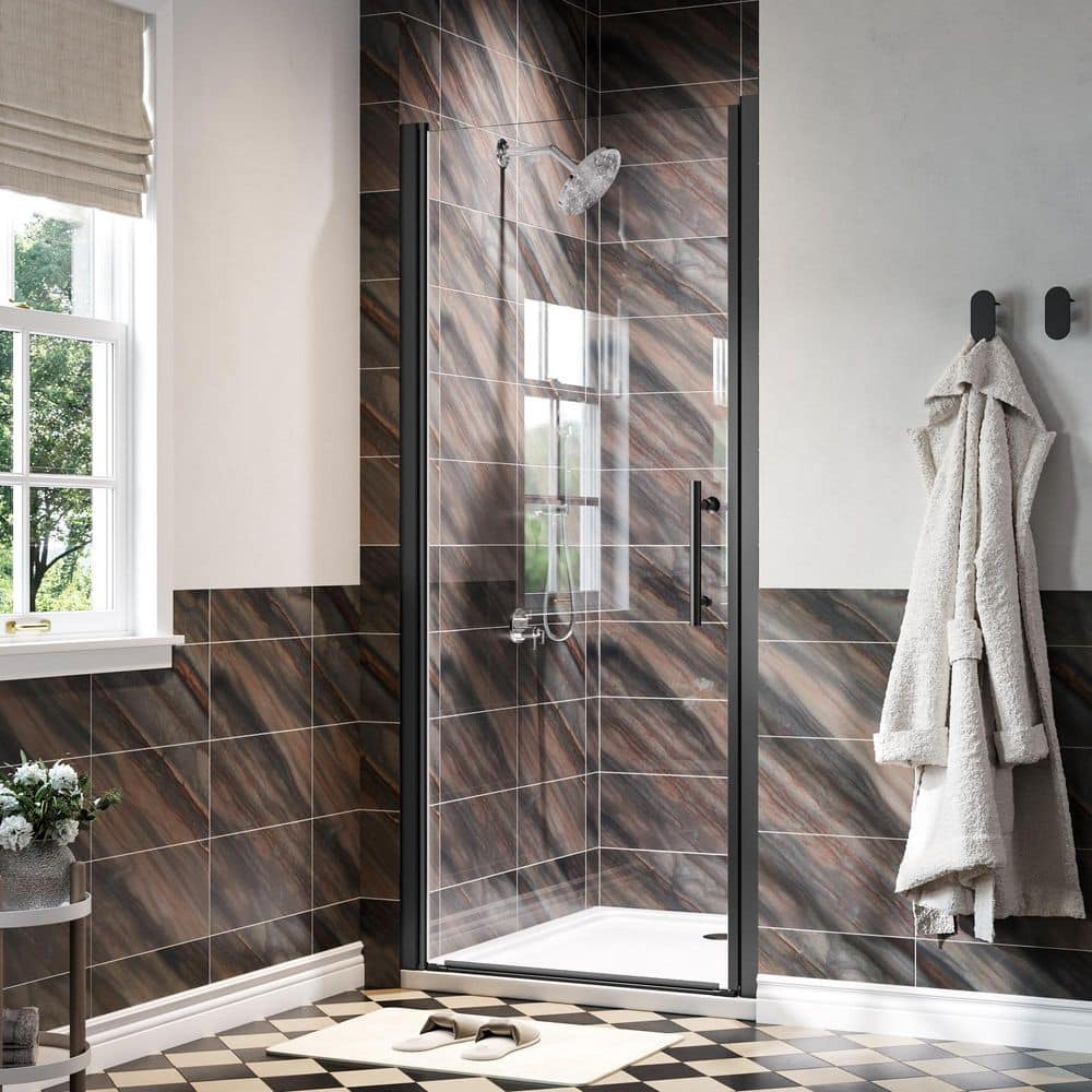 34 in.-35.5 in. W x 75 in. H Pivot Semi-Frameless Shower Door in Matte Black with Clear Glass and Low Profile price history on PriceWatchPro