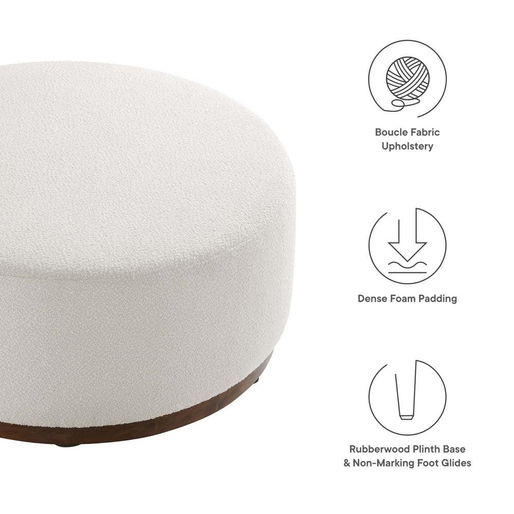 Tilden Large Round Off-White Boucle Upholstered Ottoman with Walnut Base