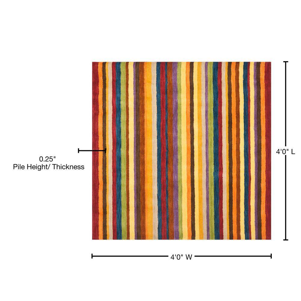 Artisan Red Stripe 4' Square Hand-Knotted Wool Rug