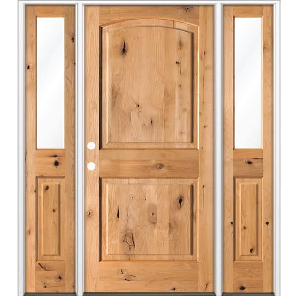 60 in. x 80 in. Knotty Alder 2-Panel Arch-Top Right-H and/Inswing Clear Glass Cedar Stain Wood Prehung Front Door W/DHSL