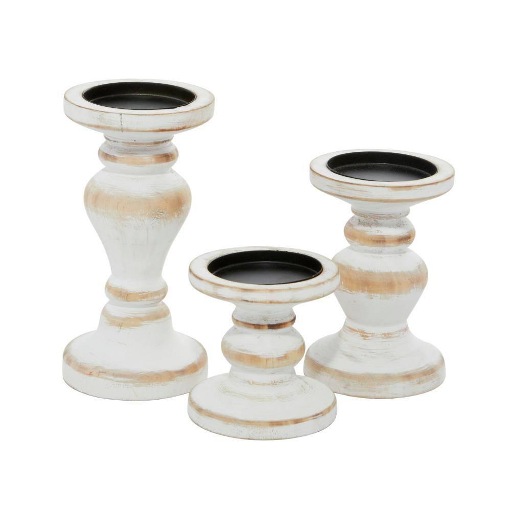 Farmhouse Elegance White Wooden Pillar Candle Holders, Set of 3