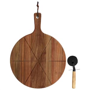 2-Piece Acacia Wood Serving Board and Pizza Cutter Set in Brown
