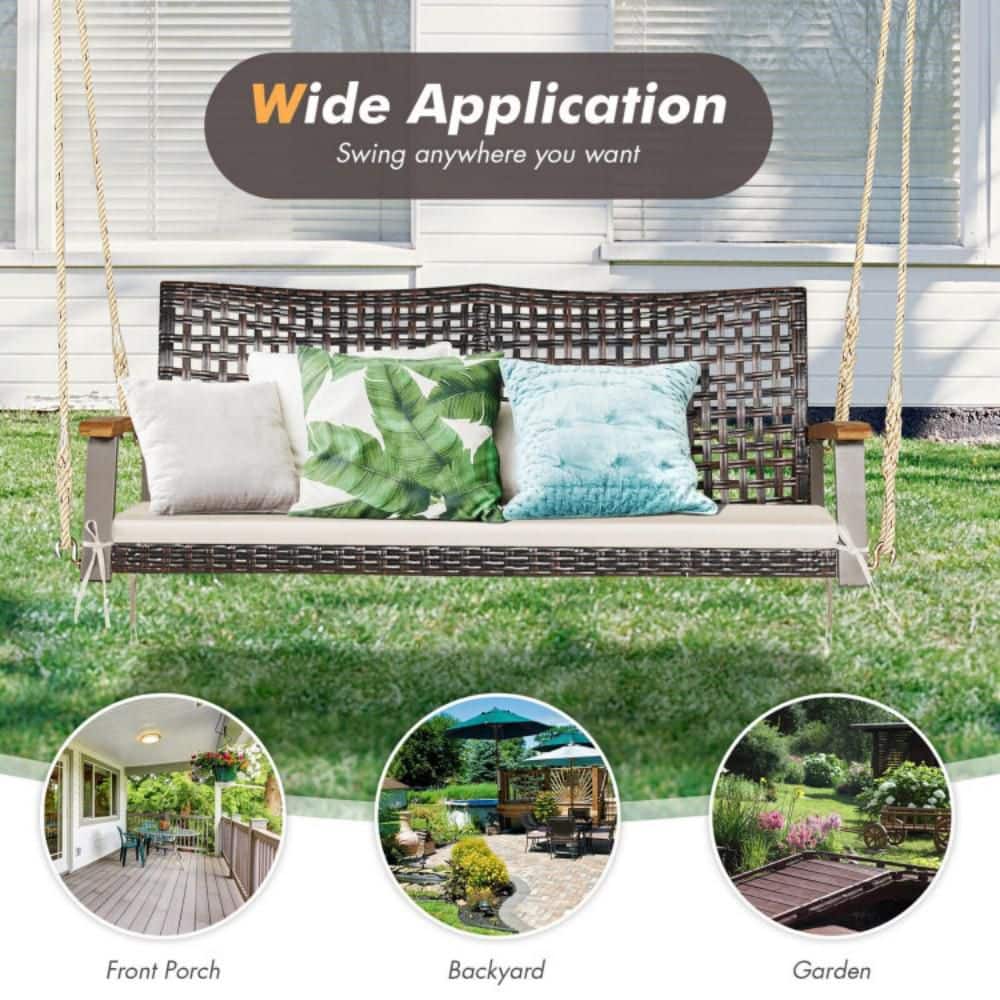 Off-White 2-Person Rattan Patio Swing with Cushion